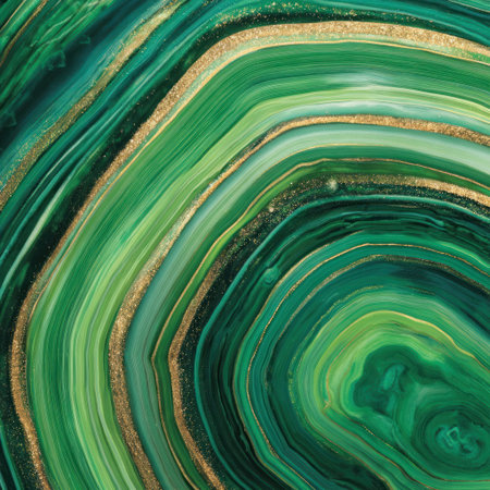 This image showcases an abstract pattern of layered green hues and gold accents. The swirling lines create a textured effect, while the overall composition has a natural, organic appearance. The color palette suggests an artistic or decorative application, suitable for print or digital media.の素材