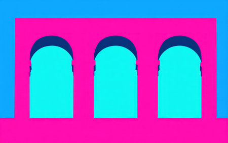 An abstract illustration presents three arched windows with a bright color palette. The composition features a geometric style with solid areas of pink, blue, and turquoise. The lighting appears flat, creating a clean and modern aesthetic suitable for various design projects and visual content applications.の素材