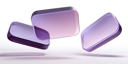 This image presents three transparent rectangular shapes with rounded corners. They float against a white background, featuring a gradient from light to darker purple. The composition is clean and minimalist, showcasing a modern design suitable for various commercial or editorial applications.の素材