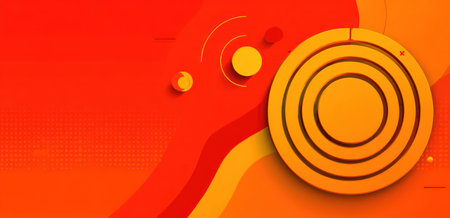 An abstract illustration features a blend of layered shapes and concentric circles against an orange backdrop. The composition is marked by bold color contrasts and smooth textures. The artwork's design suggests potential use in advertising, branding, and other various creative visual projects.の素材