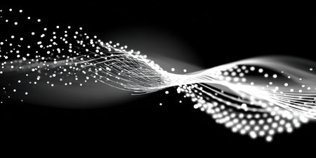 An abstract composition features a flowing wave created by interconnected white dots and lines set against a dark background. The design showcases visual texture and contrasts light and dark elements, suggesting a sense of movement. Suitable for design and visual communication.の素材