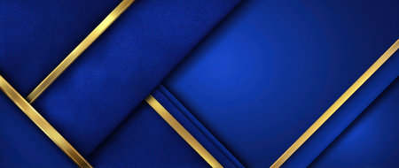 This image features an abstract design with layers of blue and gold. The composition consists of overlapping geometric shapes with metallic accents. The lighting creates a sense of depth and dimension. This design could be suitable for various commercial uses, including website backgrounds and presentation templates.の素材