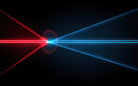 This image presents an abstract composition featuring intersecting red and blue laser beams against a black background. The beams emanate from a central point, forming a dynamic, symmetrical pattern. The high-contrast, graphic style and use of vibrant colors suggest a digital or futuristic setting, suitable for various design projects.の素材