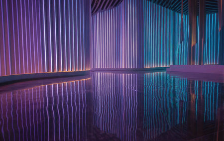 This image presents an abstract interior featuring vertical neon lights casting a cool glow. The lights are reflected in a body of water creating a symmetrical composition. The design incorporates a palette of purples, blues, and whites, with a focus on lines and reflections. It can be used for promotional and editorial needs.の素材