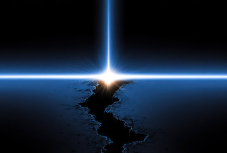 An artistic image presents a glowing, radiant cross shape set against a dark, undefined backdrop. The visual features vibrant blues and bright light emanating from the cross. A textured, cracked surface is visible, enhancing the contrast and visual impact. Ideal for conceptual designs, digital art, or various commercial applications.の素材