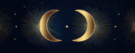 The image showcases an abstract illustration featuring crescent moons and stars in gold against a deep blue backdrop. This design highlights symmetry and radiant lines. Suitable for various applications, it could be used in design projects, advertisements, and promotional materials. The style suggests potential use in decorative designs.の素材