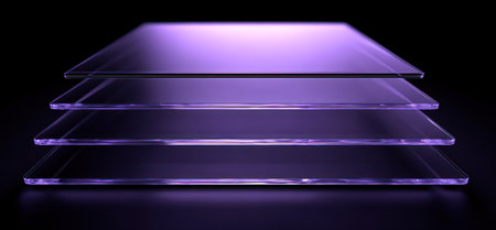 This image features four translucent rectangular layers stacked upon each other. The composition displays a smooth texture and a gradient of purple hues against a dark background, with a subtle light source. This could be used for various projects including design, technology, or abstract visual representations.の素材