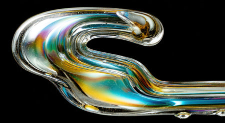 An abstract glass structure, resembling a curved tube, is showcased against a black background. The glass displays vibrant internal refractions of light, with a spectrum of colors including blues, yellows, and greens. The image features high contrast and sharp focus, suitable for a variety of creative and commercial applications.の素材