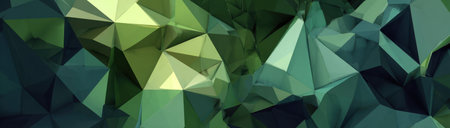 This abstract artwork features a composition of overlapping geometric shapes, primarily triangles and polygons. The color palette consists of various shades of green and teal. The texture appears to be smooth, suggesting a digital illustration or vector graphic. This could be used for web design backgrounds or decorative elements.の素材