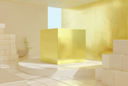 A golden cube sits centrally on a circular platform in a brightly lit interior. The scene presents geometric shapes and structures, with sunlight creating highlights and shadows. The aesthetic suggests conceptual themes and is suitable for various commercial or artistic applications.の素材