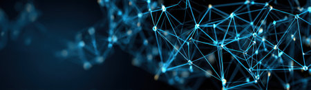This image features a network of interconnected lines and glowing dots against a dark background, suggesting a digital network or system. The composition displays a modern, abstract style with cool blue tones, ideal for visual communication or technical presentations. The design could be used for various commercial or editorial purposes.の素材