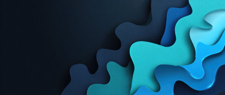 This image features a layered abstract design with a range of blue and turquoise hues. The composition showcases a flowing, wave-like pattern, creating a sense of depth and dimension. The style appears modern and minimalist, potentially suitable for digital backgrounds or graphic design projects. It could be used for various commercial or editorial purposes.の素材