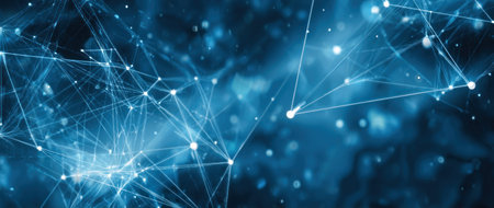 An abstract composition features a network of interconnected lines and glowing nodes, set against a dark blue gradient. The illustration employs a modern digital style with a focus on geometric forms. This image could be suitable for illustrating concepts related to technology, communication, or data visualization in various applications.の素材