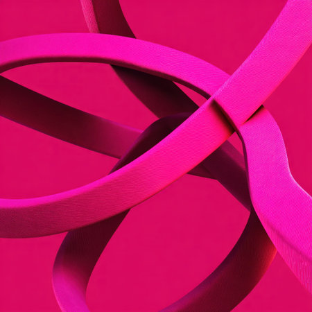 This image features overlapping pink ribbons against a matching background, creating a dynamic, abstract composition. The visual texture is smooth, with strong shadows adding depth. The style is modern, with a studio-lit feel. Suitable for a variety of commercial and editorial uses, it offers a strong visual statement.の素材