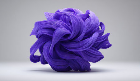 A vibrant, abstract sculpture in shades of purple is displayed against a plain background. The artwork features dynamic, flowing lines creating a unique three-dimensional form. Its soft textures and diffused lighting suggest a modern, artistic design suitable for various design projects and visual communications.の素材