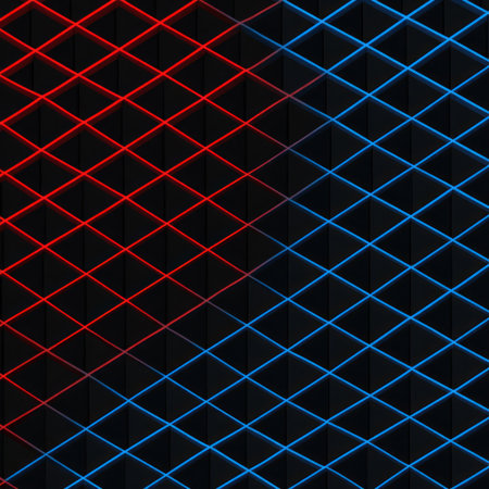 An abstract image presents a repeating grid of neon red and blue lines against a dark backdrop. The composition is a flat lay with symmetrical arrangement, creating a geometric pattern. This graphic could be useful for various design projects, web backgrounds, or visual elements.の素材