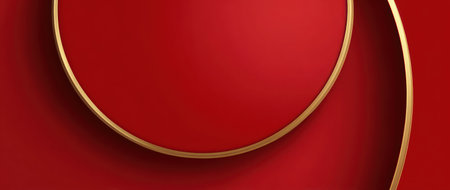 This image features a modern abstract composition, using a deep red background. Golden curved lines and shapes are present, creating a visual interplay of form and depth. This design has the potential for use in a variety of visual communication materials, offering a luxurious and eye-catching visual element.の素材