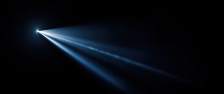 The image captures beams of light emerging from a point source against a dark background, creating a visual contrast. The cool-toned beams fan out, suggesting movement and direction. This composition, with its emphasis on light and shadow, could be suitable for visual design, conceptual projects, or background illustrations.の素材
