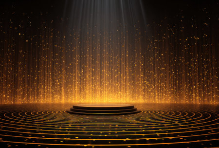 An illuminated stage features a circular platform beneath a spotlight. Golden particles cascade downwards, creating a dynamic visual effect. The composition uses dark tones and focused lighting to create a sense of depth. This image can be used for presentations, advertising, or as a creative background element.の素材