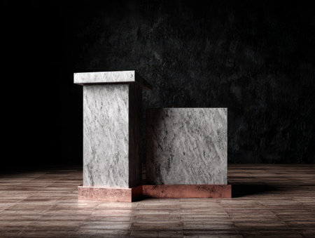 Two textured stone podiums stand on a wooden surface, set against a dark, textured backdrop. The objects exhibit a blend of gray, white, and copper tones, highlighted by directional lighting. This modern and minimalist composition is suitable for showcasing products and can be used in various commercial applications.の素材