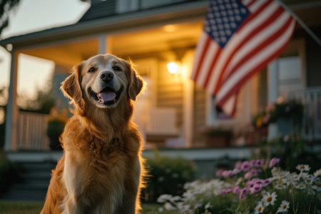 A happy golden retriever dog sitting in the front yard of an American home at dusk, with flowers and grass around it, and a large American flag waving on top of the house. The scene is illuminated by the warm light from inside the house, creating a cozy atmosphere. Photorealistic style, captured using a Canon EOS R5 camera with a wide-angle lens. --ar 3:2 --v 6.1 Job ID: 8d05d04e-3c2d-4837-b20d-4c173f06d1d7の素材