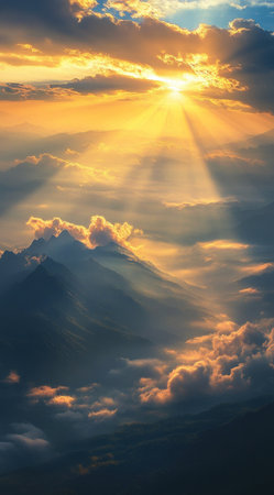 In the sky, clouds and mist cover the mountains, and sunlight shines through the sun's rays to illuminate the earth. The golden light shines on it, creating an ethereal fantasy scene. A beam of sunshine illuminates the peaks below, as if you can see heaven above. It is magnificent and mysterious, with warm tones that give people a sense of warmth. This image is of high resolution, high detail, and high quality, with a distinctive artistic style. --ar 71:128 --v 6.1 Job ID: 6a50344f-90fb-451c-8556-ea47a4e08861の素材