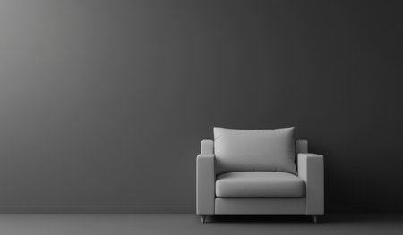 Minimalist gray living room interior with a sofa and armchair, a mockup template for product presentation. Dark gray wall background with empty space. Realistic 3D rendering, stock photo. 2/3 space for text. --ar 17:10 --v 6.1 Job ID: 6c65a327-2701-4f3b-9610-f7ab4f78fc61の素材
