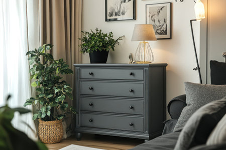 A gray chest of drawers stands against the background of white walls in a modern interior. Near it is an elegant sofa with black and gray cushions. The room has framed pictures on the wall and potted plants, creating a cozy atmosphere. A lamp illuminates part of the space. --ar 3:2 --v 6.1 Job ID: 375ede2d-f8a0-436c-9291-a4a494f8b078の素材