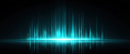 This digital illustration features luminous turquoise light streaks against a dark background, creating a sense of energy. The composition uses linear elements to generate movement, with a strong contrast between the light and the dark. The image might be suitable for various commercial or editorial uses, such as in website design or visual concepts.の素材