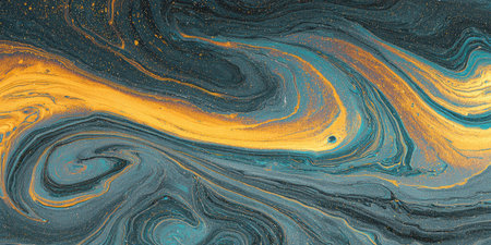 An abstract artwork features a swirling fluid design with rich gold and teal colors. The composition displays flowing textures and patterns, creating a dynamic visual effect. Suitable for use in various design projects, it offers a versatile background for digital or print applications, ideal for creative concepts.の素材