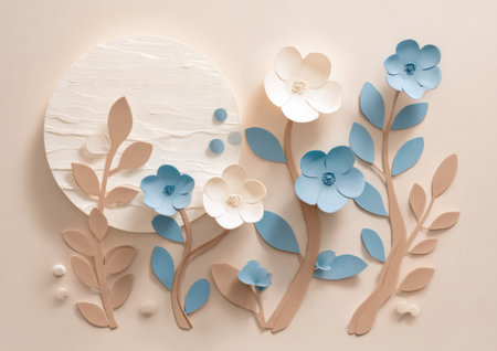 This image presents crafted paper flowers with detailed stems and leaves. Soft hues of blue, white, and brown create a calming aesthetic. The composition features a textured circular backdrop, enhancing the artistic style. This visual could be used for various design projects or decorative elements.の素材