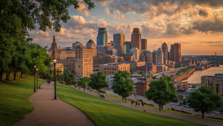 A city skyline is viewed from a grassy hill, capturing a scenic sunset. The composition includes buildings, trees, and a waterway under a colorful sky. The warm lighting and soft textures create a picturesque environment suitable for diverse commercial applications and editorial content.の素材