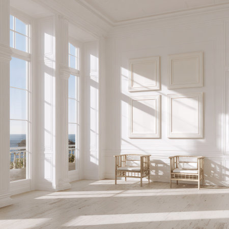 An airy interior space is illuminated by direct sunlight streaming through large windows. The scene features multiple framed areas on the wall and two chairs. Colors are primarily neutral, with white and light tones dominating the space. The setting is likely indoors, with potential use in architectural or design presentations.の素材