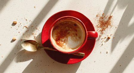 An overhead shot presents a red coffee cup and saucer, partially filled, with a golden spoon. The image displays warm tones and soft lighting, enhanced by shadows. Scattered elements suggest a casual setting, suitable for illustrating concepts of food and beverage. It is useful for commercial purposes.の素材