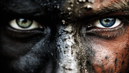 This close-up image showcases a face dramatically adorned with dark textures, drawing focus to the eyes. One eye is a vivid green, the other a striking blue. The composition, lit with strong directional light, suggests a rugged, possibly outdoor setting. Suitable for various editorial and commercial applications.の素材