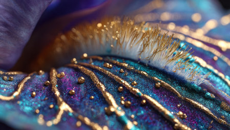 This close-up showcases an iris flower, its petals exhibiting a blend of purple and blue hues. The image highlights delicate textures and gold embellishments. Overhead lighting illuminates the intricate details. Suitable for various creative projects, this photograph presents a visually striking composition, adaptable for diverse editorial and commercial applications.の素材