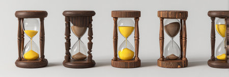 The image showcases several wooden hourglasses, some with yellow and brown sand, against a light backdrop. The composition highlights the concept of time, with clear glass containers set within detailed, dark wood frames. This visual could be used in various commercial projects, illustrating themes of deadlines or duration.の素材