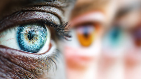 A close-up photograph displays a human eye in sharp focus, highlighting the iris's intricate patterns and vibrant colors. The composition features multiple eyes, offering a study of different eye colors against a softly blurred background. This image could be utilized for scientific, educational, or artistic purposes, showcasing human anatomy and visual diversity.の素材