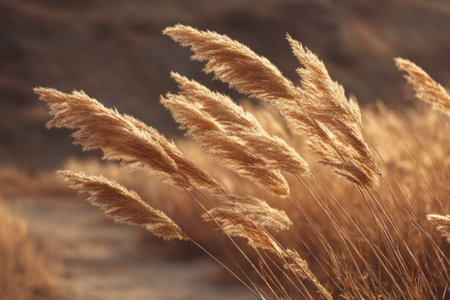 The image captures a close-up of golden grasses against a blurred backdrop. The composition highlights the texture of the plants under warm sunlight. This photograph presents a naturalistic aesthetic and evokes a sense of tranquility. Suitable for a range of commercial and editorial applications where natural beauty is sought.の素材