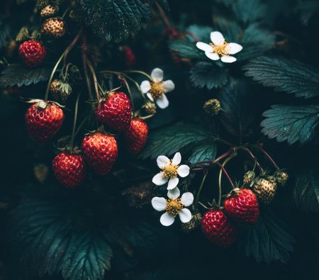 This image showcases vibrant red strawberries hanging from stems alongside delicate white flowers. The composition features a shallow depth of field, with the fruits and blossoms in sharp focus against a dark, textured backdrop. The overall aesthetic suggests a natural, outdoor setting, possibly in a garden. The image may be suitable for food-related projects or nature-themed content.の素材