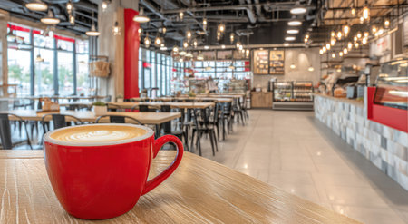 A close-up view presents a red coffee cup with a creamy beverage. The blurred background reveals a contemporary cafe setting with tables, chairs, and lighting fixtures. The image features natural lighting and a warm color palette, suitable for various commercial uses such as advertising or editorial content.の素材
