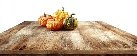 An overhead view presents a variety of colorful pumpkins resting on a rustic wooden table. The composition includes orange, yellow, and green gourds. The image is brightly lit, and may be suitable for a range of uses related to autumn themes, seasonal content, or food preparation.の素材