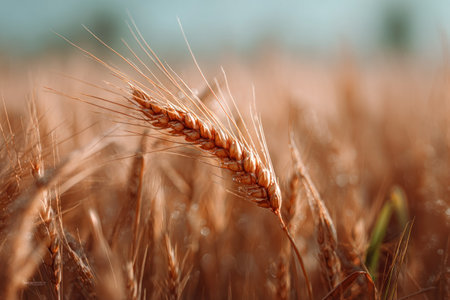 A close-up photograph features a single wheat head in focus, exhibiting detailed texture and color. Surrounding the subject, a blurred field of similar wheat creates depth and visual interest. The warm color palette and soft lighting suggest a daytime setting, suitable for illustrating agriculture and food-related themes. Potential applications include commercial and editorial uses.の素材