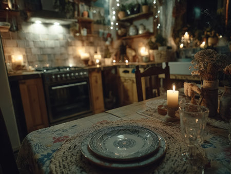An inviting kitchen scene features a dinner table set for an intimate gathering. Soft candle light illuminates the space, casting a warm glow on the table setting and decorative elements. This image captures a sense of comfort and serenity, suitable for various commercial or editorial applications.の素材