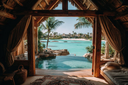 An interior shot showcases a villa with an open doorway revealing a stunning ocean vista. Sunlight illuminates the turquoise water and green palm trees. The composition emphasizes natural materials and textures, suggesting a tranquil and luxurious retreat suitable for various commercial applications.の素材