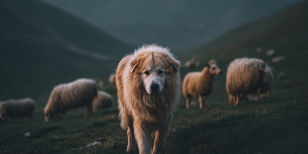 A fluffy dog stands in the foreground, with several sheep scattered on a grassy hillside. The image exhibits natural lighting, a soft focus, and muted tones. The scene suggests a rural setting, possibly suitable for editorial use or projects related to animals and nature.の素材