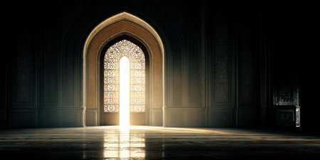 An interior shot features a large arched doorway radiating intense light. The scene is dominated by dark tones and strong shadows emphasizing the light's prominence. The ornate window is at the end of a long, reflective surface. The image could be used for various commercial or artistic purposes.の素材