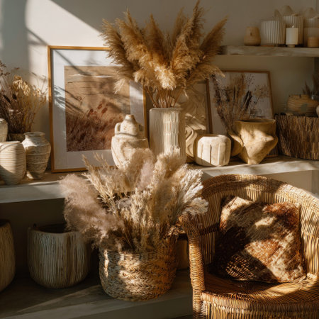This interior composition showcases decorative elements with a neutral color palette. Pampas grass arrangements, framed artwork, and woven textures create a cozy atmosphere. The scene benefits from natural light, highlighting the warm tones. Ideal for editorial content or commercial projects, the image conveys a sense of serene aesthetic.の素材