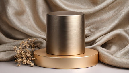 A golden cylindrical display stands on a circular base against a draped fabric background. The composition features soft lighting and neutral tones, creating a luxurious aesthetic. This visual is suitable for showcasing products, offering a clean and sophisticated presentation for commercial applications. The design suggests a refined environment.の素材