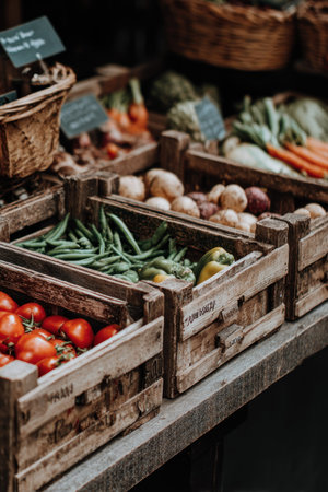 An overhead shot reveals a variety of fresh produce displayed in rustic wooden crates. Tomatoes, green beans, and peppers sit alongside potatoes and other vegetables. The scene is bathed in natural light, suggesting an outdoor market, ideal for editorial or commercial content.の素材